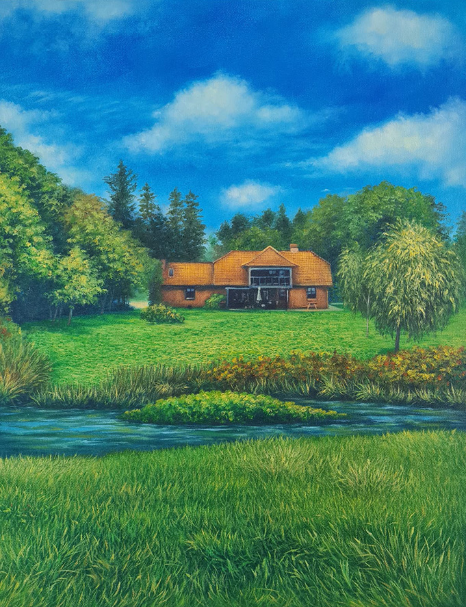 Schilderij van een huis op een veld